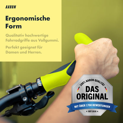AARON Horn - grip handles with gel damping - ergonomic handlebars made of non-slip rubber - bike grips for e-bike, trekking bike, mountain bike, touring bike in yellow.