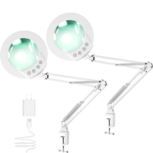 Mandland 2pcs 10X Magnifying Glass with Light and Clamp, illuminated magnifier made of real glass with 5 colors & stepless dimming, hands-free desk lamp for hobbies, crafts, reading, and close work (White)