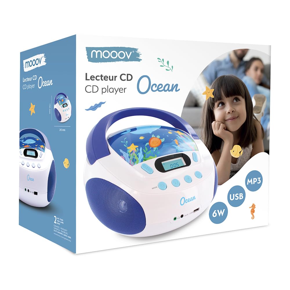 mooov 477170 CD player for kids with speakers, USB, headphone jack, AUX-IN port - boombox CD player portable - mains powered or batteries - Ocean model - blue/white