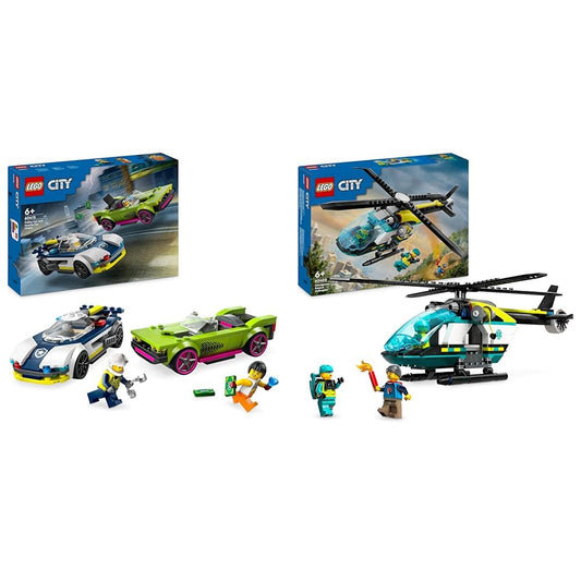 LEGO City Police Car Chase with Muscle Car, Car Transporter with 2 Race Cars & City Rescue Helicopter, Helicopter Toy for Kids