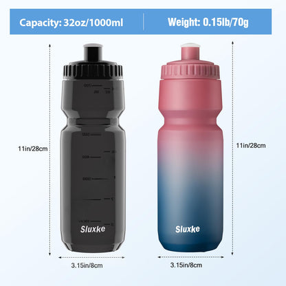 SLUXKE 1L Bike Water Bottle 2 Pack, Easy Squeeze Bicycle Bottles 1000ml BPA Free, No Odor, Leakproof, Suitable Racing Bike Bottle for Outdoor, Fitness, Cycling, Running