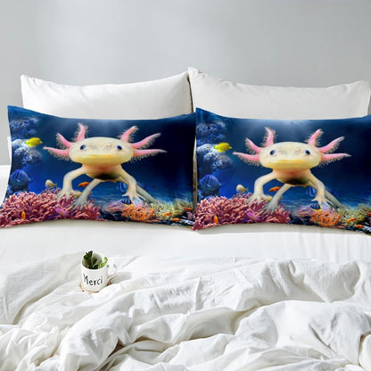 Nice Axolotl Duvet Cover Set in M size, Fish Sea Life Bedding Set for Kids Teens Girls Room Decor, Cartoon Animal Theme Comforter Cover Sea Blue Quilt Cover with 1 Pillowcase.