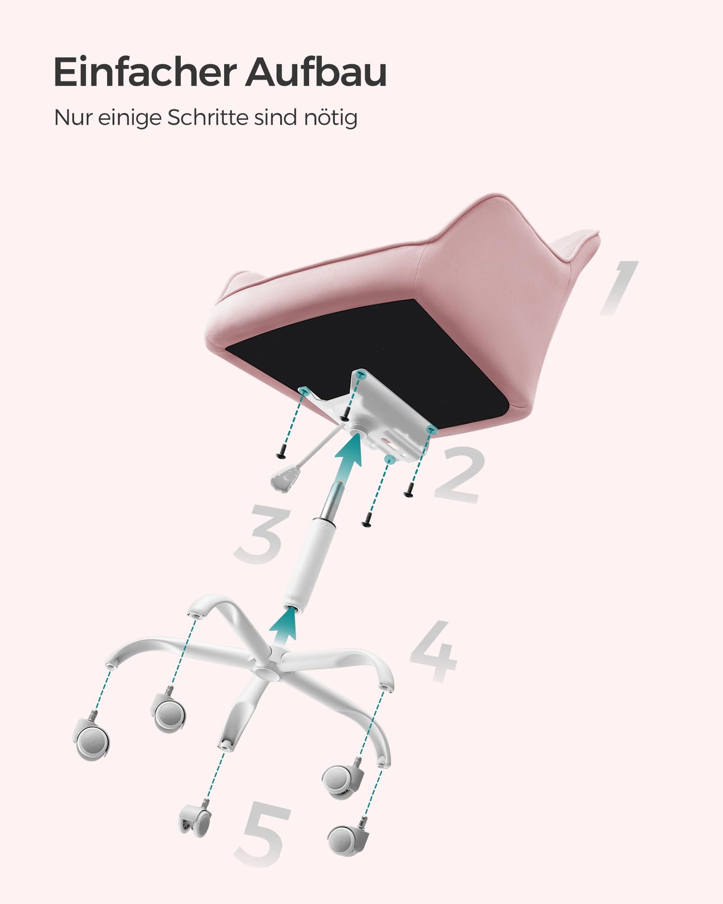SONGMICS Office Chair, Swivel Chair with Velvet Cover, Foam Padding, Height Adjustable, for Home Office, Bar, Pastel Pink OBG012R01