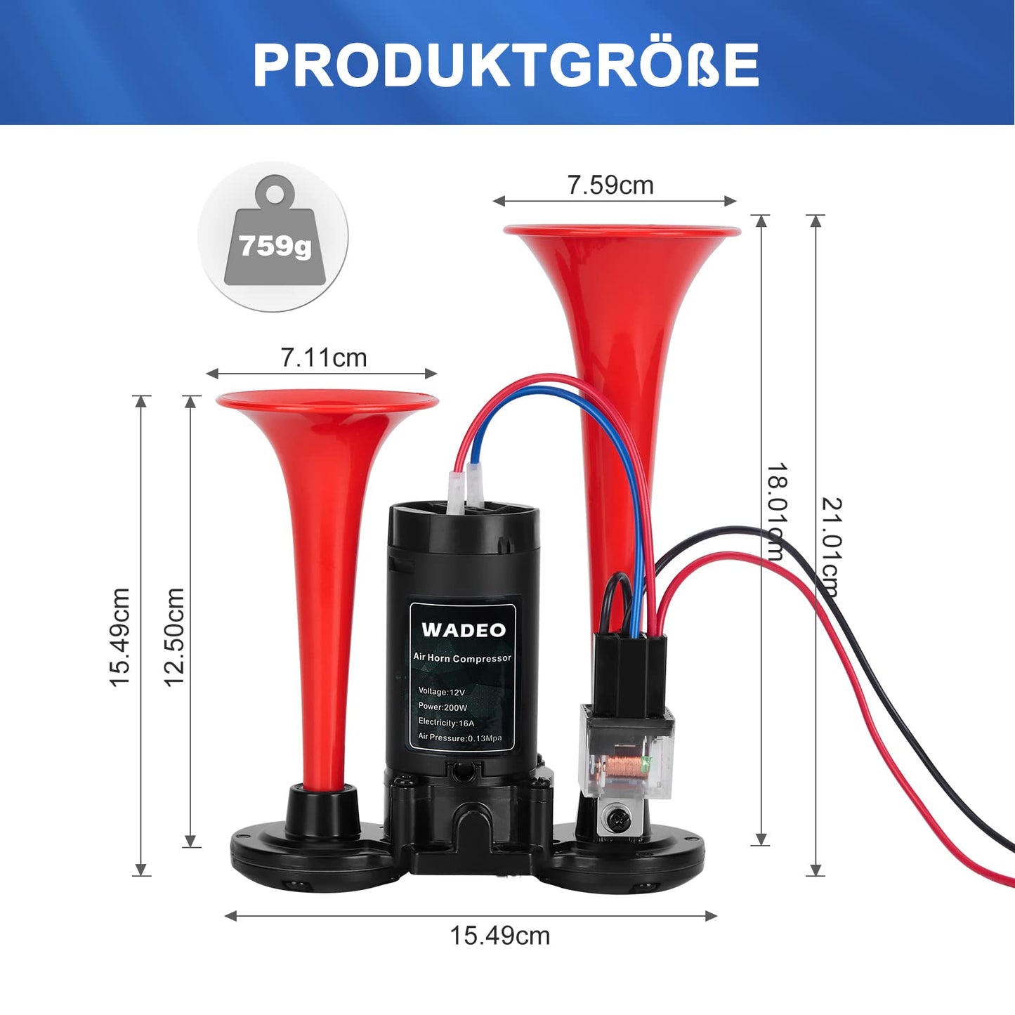 WADEO 12V Truck Horn 118db, Super Loud Dual Horn Car Horn with Compressor, Air Horn Air Horn Loud Horn Kit for all 12V vehicles, cars, trucks, trains, boats, cars, vans (Red)