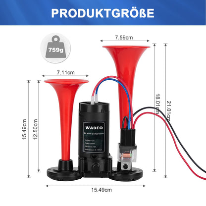 WADEO 12V Truck Horn 118db, Super Loud Dual Horn Car Horn with Compressor, Air Horn Air Horn Loud Horn Kit for all 12V vehicles, cars, trucks, trains, boats, cars, vans (Red)
