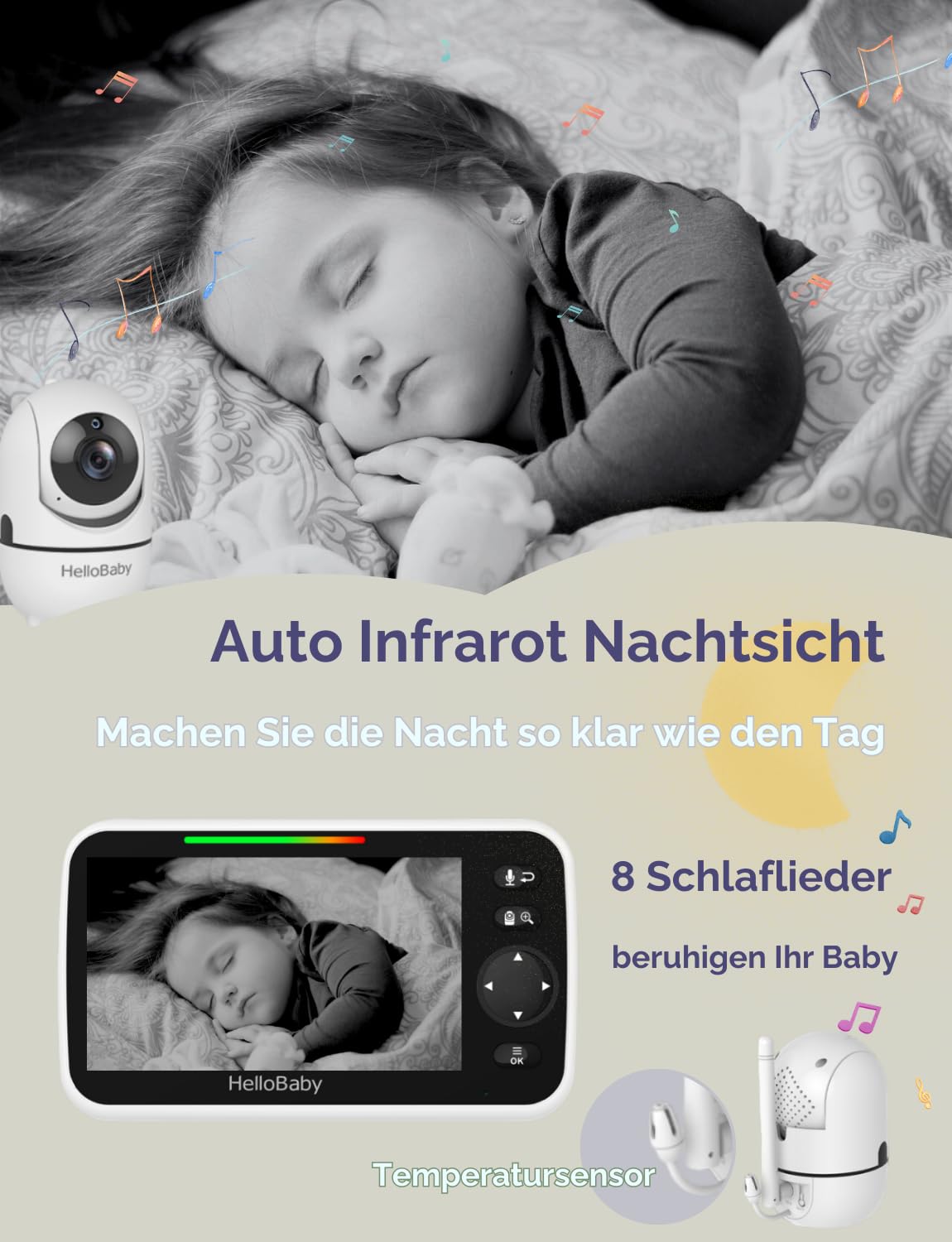 HelloBaby Baby Monitor with Camera, 3500 mAh Battery and 5 Inch Screen, 355° Pan-120° Tilt-Zoom, No-WiFi Baby Monitor, 2 Way Audio, Temperature Display, 8 Lullabies, Night Vision, HB6550