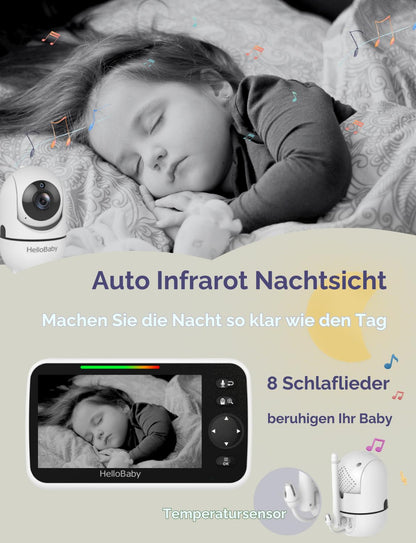 HelloBaby Baby Monitor with Camera, 3500 mAh Battery and 5 Inch Screen, 355° Pan-120° Tilt-Zoom, No-WiFi Baby Monitor, 2 Way Audio, Temperature Display, 8 Lullabies, Night Vision, HB6550