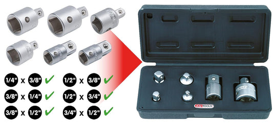 KS Tools 911.0106 1/4 inch + 3/8 inch + 1/2 inch Extension and Reduction Adapter Set | matt satin finish | 6 pieces
