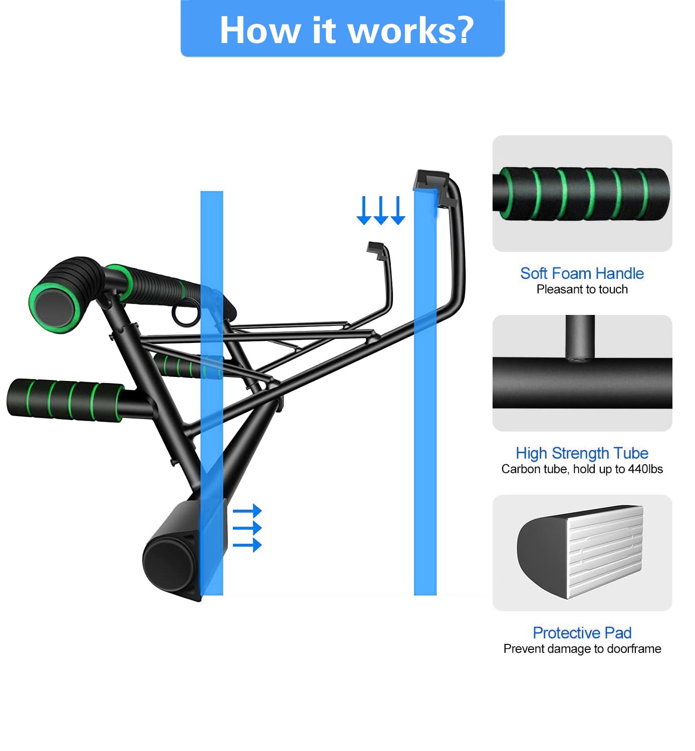 Pull-up bar for door frame - Heavy-duty pull-up bar [up to 200 KG] - Includes suspension trainer Professional training belt set - Fitness equipment for home Secure attachment without drilling.