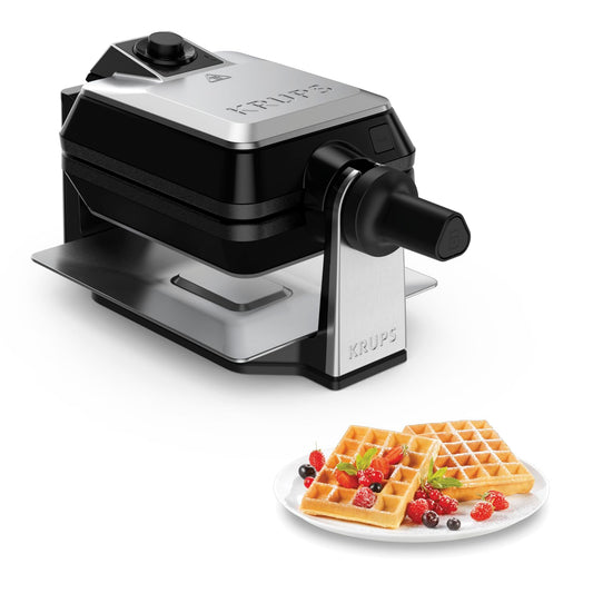 Krups FDD95D Professional double waffle maker, makes 2 Belgian waffles at once, rotating function for perfect waffles, 7 browning levels, dishwasher safe plates, 1200W, black