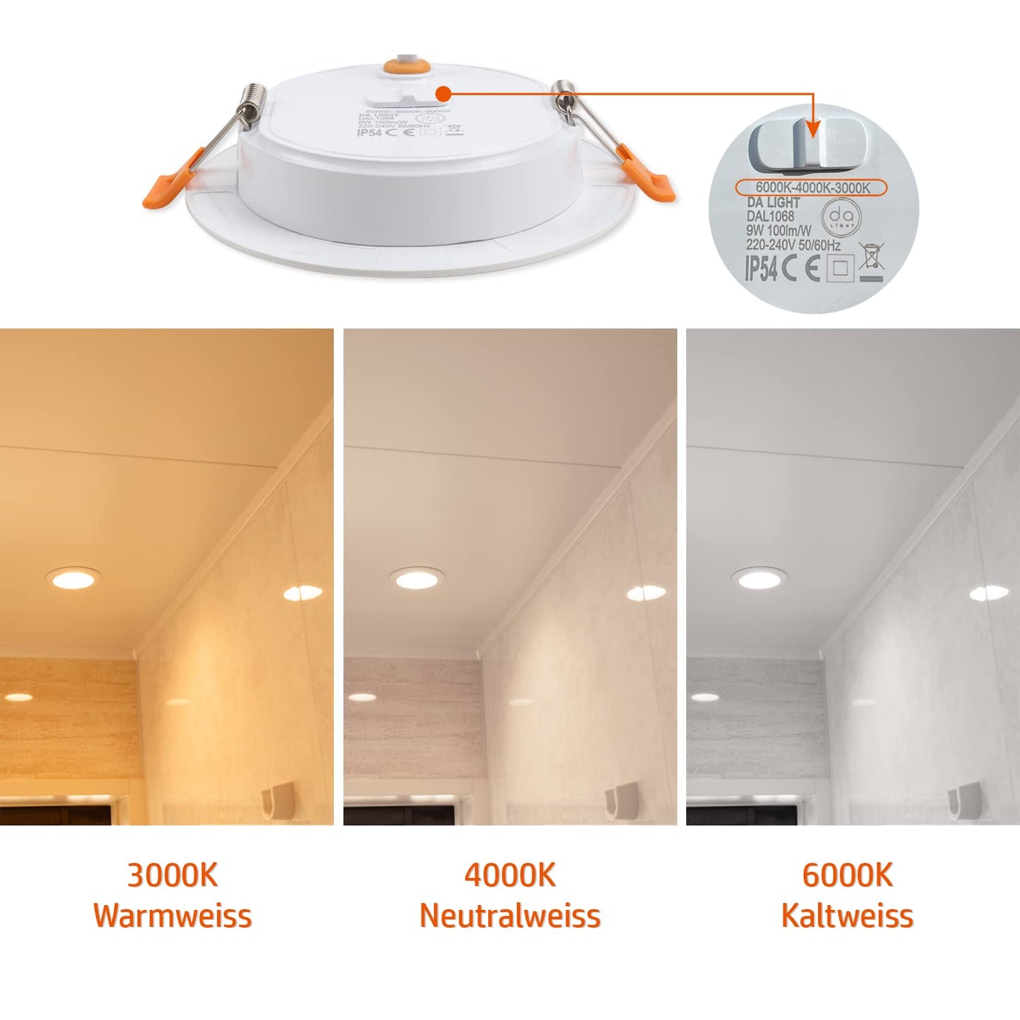as LIGHT LED recessed lights 230V flat 9W 6er set, Radiant recessed lights, Bathroom spot 3000/4000/6000K, Ceiling spotlight IP54 for bathroom living room kitchen bedroom (White x 6)