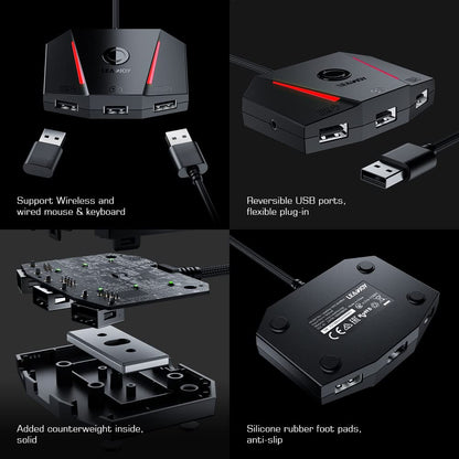 LeadJoy VX2 AimBox keyboard mouse adapter converter, wired converter with 3.5mm audio interface for Xbox One, Xbox Series X/S, PlayStation 4, and Switch.