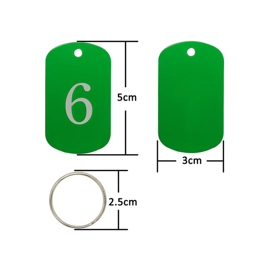 Aluminum tags with engraved numbers 1 to 50, keychains, identification tags with key rings, green