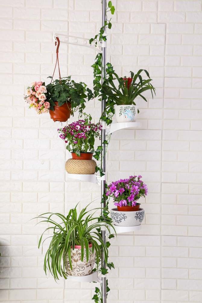 BAOYOUNI 5-Tier Telescopic Plant Stand Flower Shelf Rack Metal Tension Pole Adjustable Height 175-235 cm or 230-290 cm for Indoor, Balcony, Living Room, Ivory