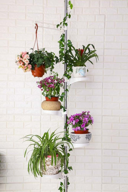 BAOYOUNI 5-Tier Telescopic Plant Stand Flower Shelf Rack Metal Tension Pole Adjustable Height 175-235 cm or 230-290 cm for Indoor, Balcony, Living Room, Ivory
