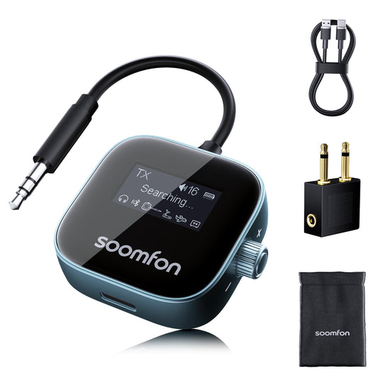 SOOMFON Bluetooth 5.3 jack sender with display, 2 in 1 Bluetooth transmitter receiver splitter for 2 headphones like Airpods, jack audio adapter with battery for airplane, TV, fitness, and stereo system.