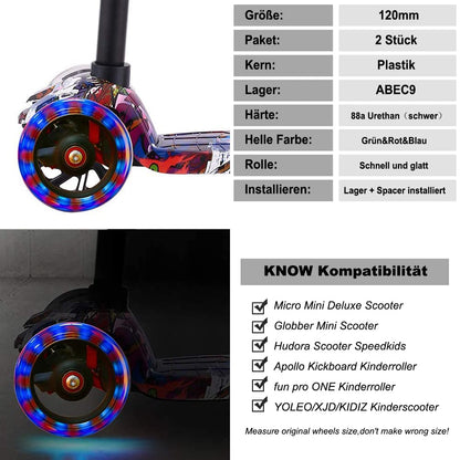 120mm Scooter Wheels - 2 pieces 120mm LED Scooter Replacement Wheels with ABEC-9 Bearings - 120mm bright flashing LED kick scooter wheels for micro globber roller (BLACK)
