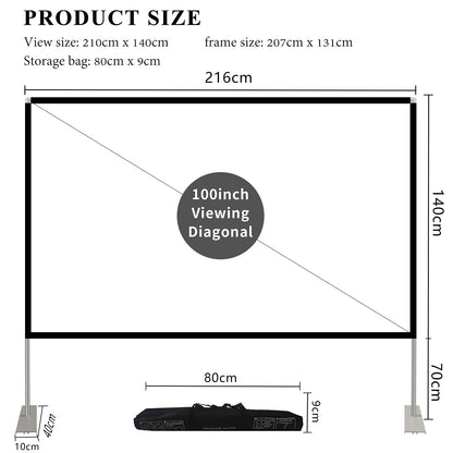 Projection screen with stand 100 inch HD 4K Outdoor Indoor Projector Screen Quick Folding Portable Movie Screen 16:9 Full Set Bag for Home Cinema, Camping, and leisure events