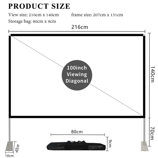Projection screen with stand 100 inch HD 4K Outdoor Indoor Projector Screen Quick Folding Portable Movie Screen 16:9 Full Set Bag for Home Cinema, Camping, and leisure events
