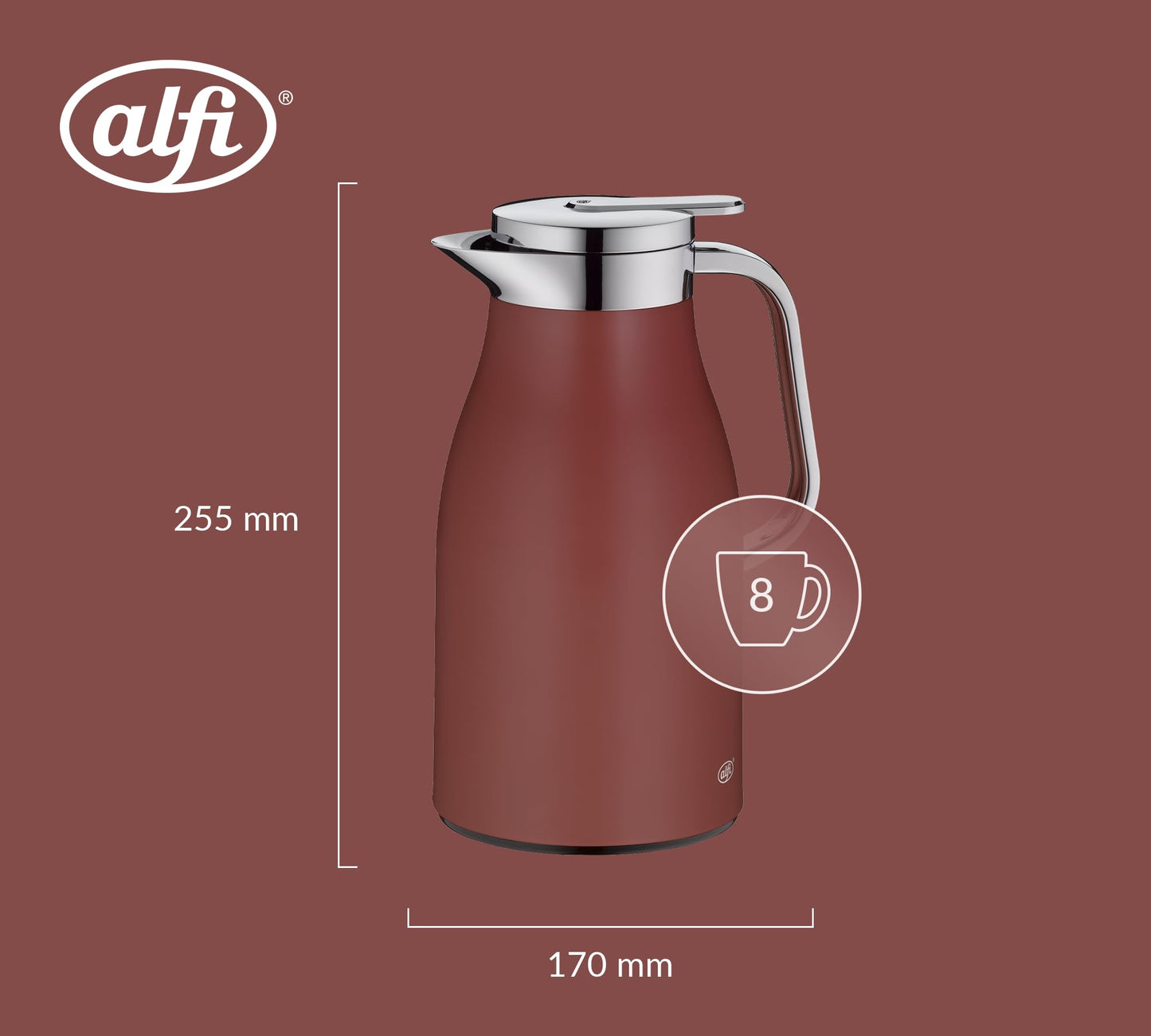 alfi SKYLINE 1.0l, med. red matt, stainless steel insulated carafe with hygienic hard glass insert, twist closure with convenient push button, ergonomic handle, one-hand operation, perfect for serving coffee or tea.