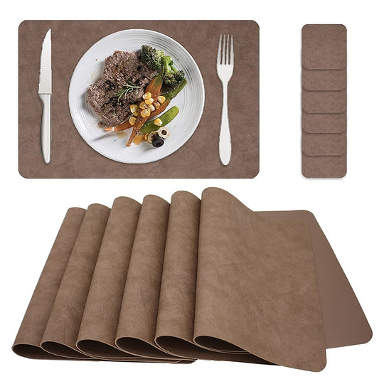 JDkilp placemats washable, PU leatherette coasters and table mats 6-piece set, double-sided non-slip place mats wipeable, gray brown
