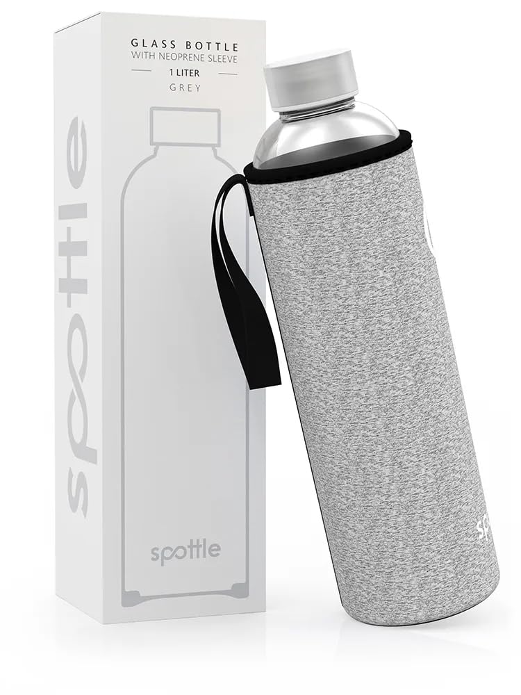 Spottle glass drinking bottle 1L - glass bottle 500ml - 750ml - 1 liter with neoprene sleeve - protective cover - glass drinking bottle with screw cap (Gray mottled (old), 1000 ml)