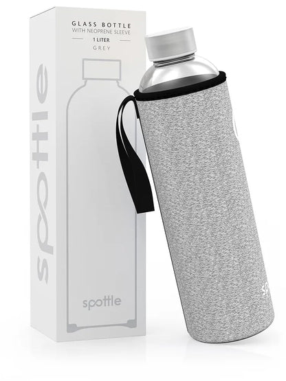Spottle glass drinking bottle 1L - glass bottle 500ml - 750ml - 1 liter with neoprene sleeve - protective cover - glass drinking bottle with screw cap (Gray mottled (old), 1000 ml)