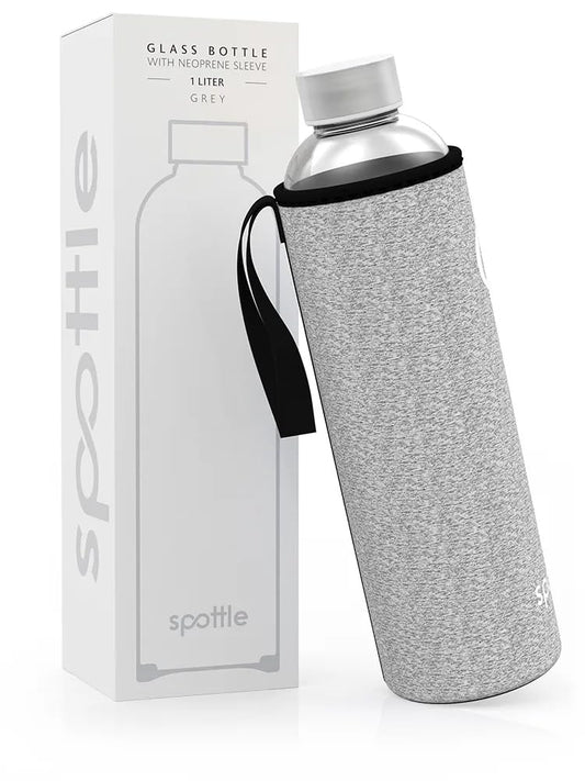 Spottle glass drinking bottle 1L - glass bottle 500ml - 750ml - 1 liter with neoprene sleeve - protective cover - glass drinking bottle with screw cap (Gray mottled (old), 1000 ml)