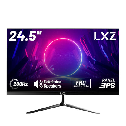 LXZ 24.5-inch gaming monitor with 200Hz refresh rate, Full HD 1080p resolution, 1ms response time, DP/HDMI inputs, eye care technology, and wall mount compatibility.