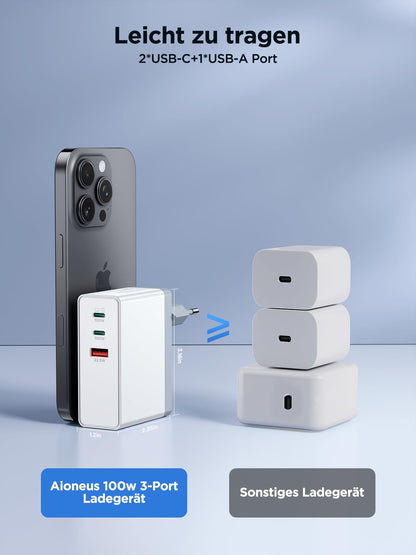 100W USB C charger, 3-port fast charger for MacBook, PPS power adapter USB multiple chargers USBC 3-in-1 adapter for iPhone 16/15/14/13 Series, iPad, Samsung Galaxy, Pixel, mobile phone, portable computer