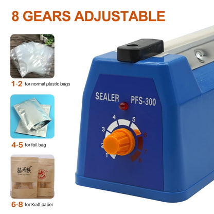 MOGOULUA 300 mm heat sealer foil sealing machine with 3mm sealing width. Bar sealer with temperature control for sealing food in Mylar, PP, and PE bags.