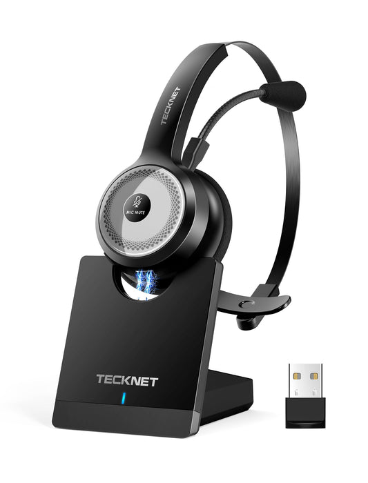 TECKNET Bluetooth PC headset with microphone & USB dongle [45 hr call time & 10M range] wireless headset with charging dock, AI noise cancelling for business, office, home office.