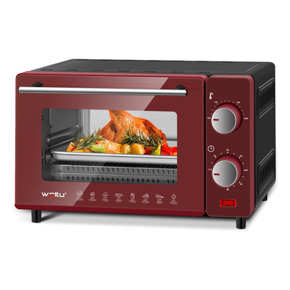 WOLTU Mini Oven 10 Liters, 650 Watts Toaster Oven, small electric oven, 100-230 °C, 60 min., top and bottom heat, with baking tray, grill grate, and detachable handle, red+black.