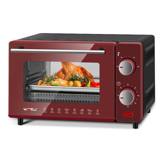 WOLTU Mini Oven 10 Liters, 650 Watts Toaster Oven, small electric oven, 100-230 °C, 60 min., top and bottom heat, with baking tray, grill grate, and detachable handle, red+black.