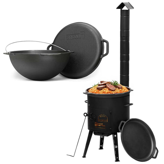 10L Kazan with Ø36 fireplace Uchag with chimney Uchag 2mm steel boiler with lid-frying pan made of cast iron Kazan hearth field kitchen