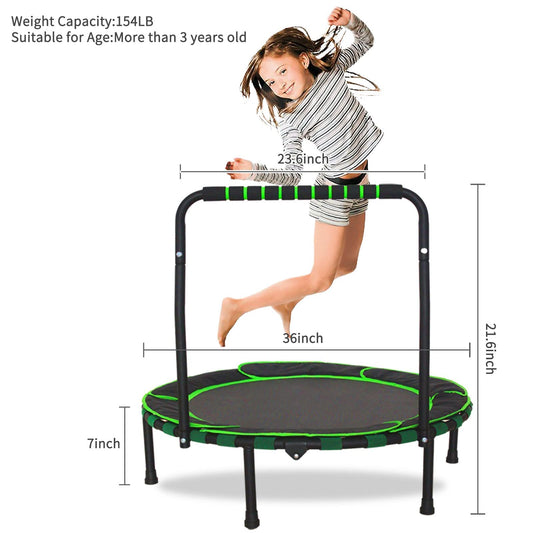 Trampoline Kids Indoor Outdoor Ø91cm, Mini Trampoline Jumping Fitness Trampoline Foldable Garden Trampoline with Handle and Safety Padding, Kids Trampoline for Boys Girls aged 3 years and up (Green)