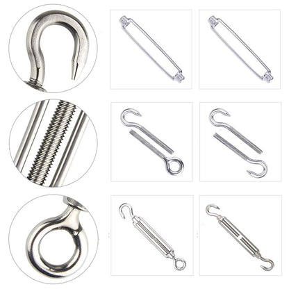 Leaum 30 piece turnbuckle M4 wire tensioner set, with stainless steel turnbuckle M4, 3mm stainless steel wire rope clamp, 3mm wire rope thimble, and 3mm aluminum ferrule for tightening tensioned rope.