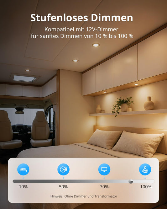 Gr4tec 6-pack of dimmable 12V LED recessed lights, IP44 aluminum LED spot warm white 3000K 84Ra 3W, ultra-thin 12mm furniture recessed light, hole 58-62mm, 12V ceiling spots for RV camper boat closet.