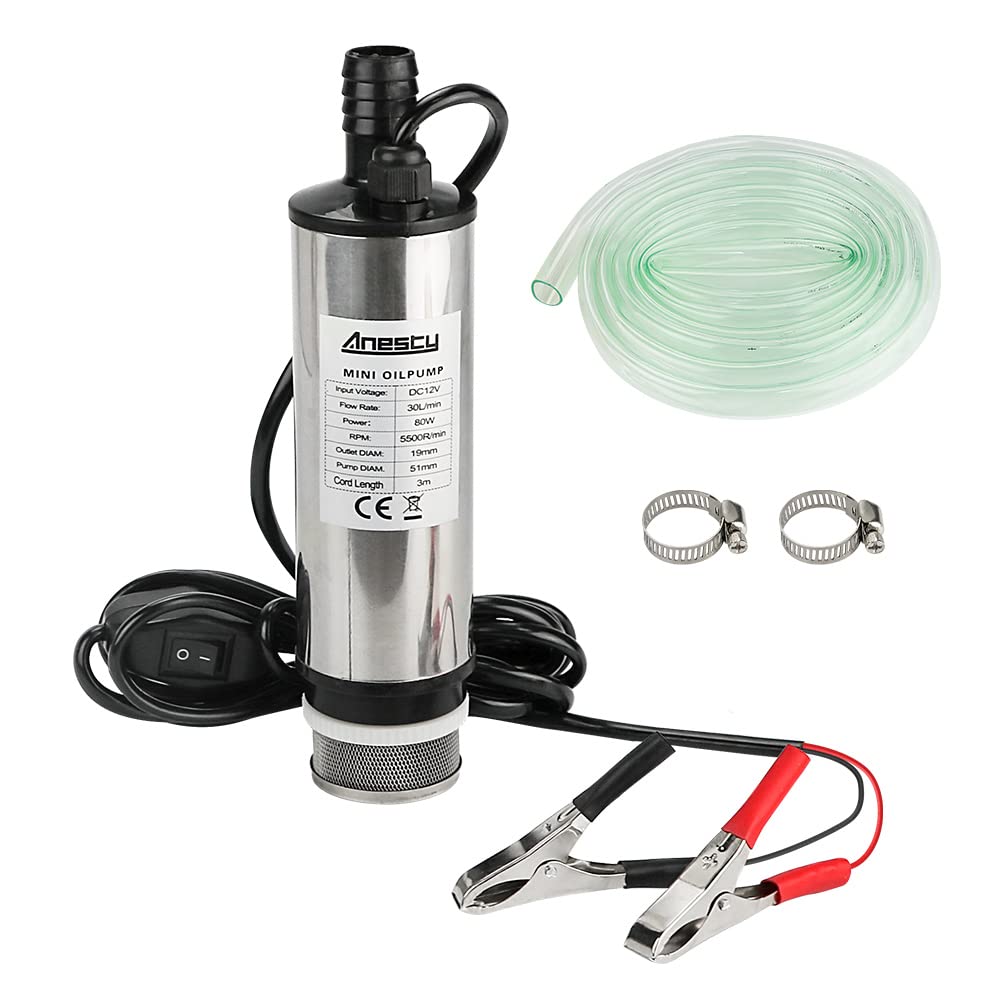 Stainless Steel Transfer Pump 12V Φ51mm Water Pump Submersible Pump for Car Diesel Oil Heating Oil Water Fuel Transfer Pump with Removable Filter, 3m PVC Transparent Hose, Hose Clamps