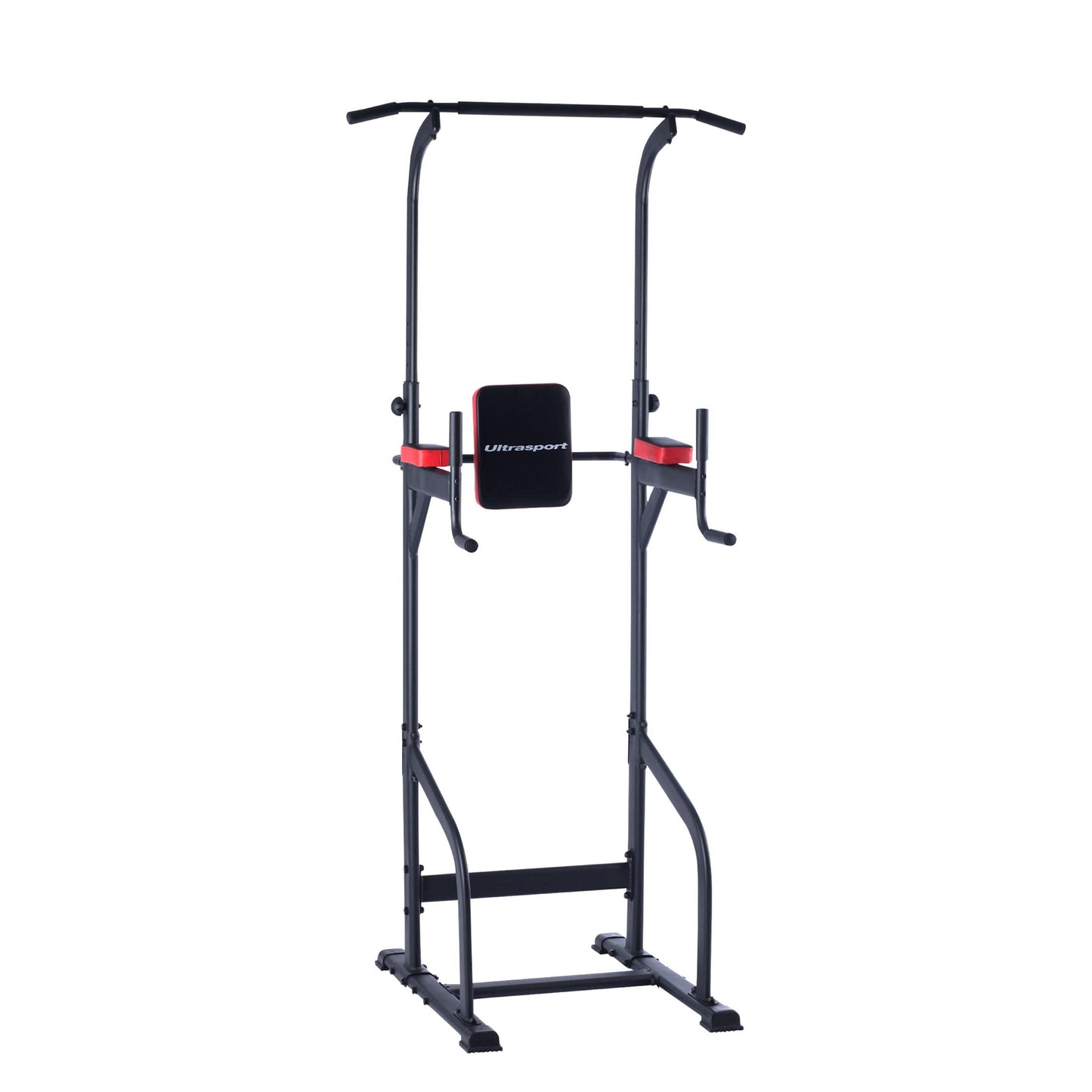 Ultrasport Power Tower, multifunctional fitness station for home use, dip station, pull-up bar, push-up handles, adjustable height, Black - Red.