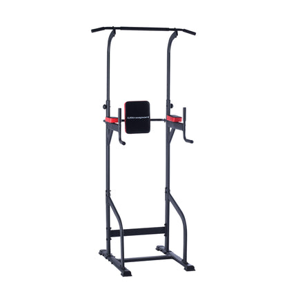 Ultrasport Power Tower, multifunctional fitness station for home use, dip station, pull-up bar, push-up handles, adjustable height, Black - Red.