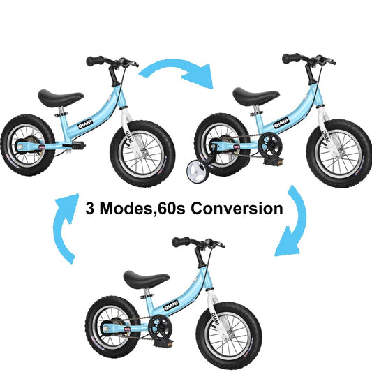 Qiani 2-in-1 balance bike for kids aged 2-7, with brakes, training wheels, pedals, air tires, and kickstand. Available in blue, 12-inch size.