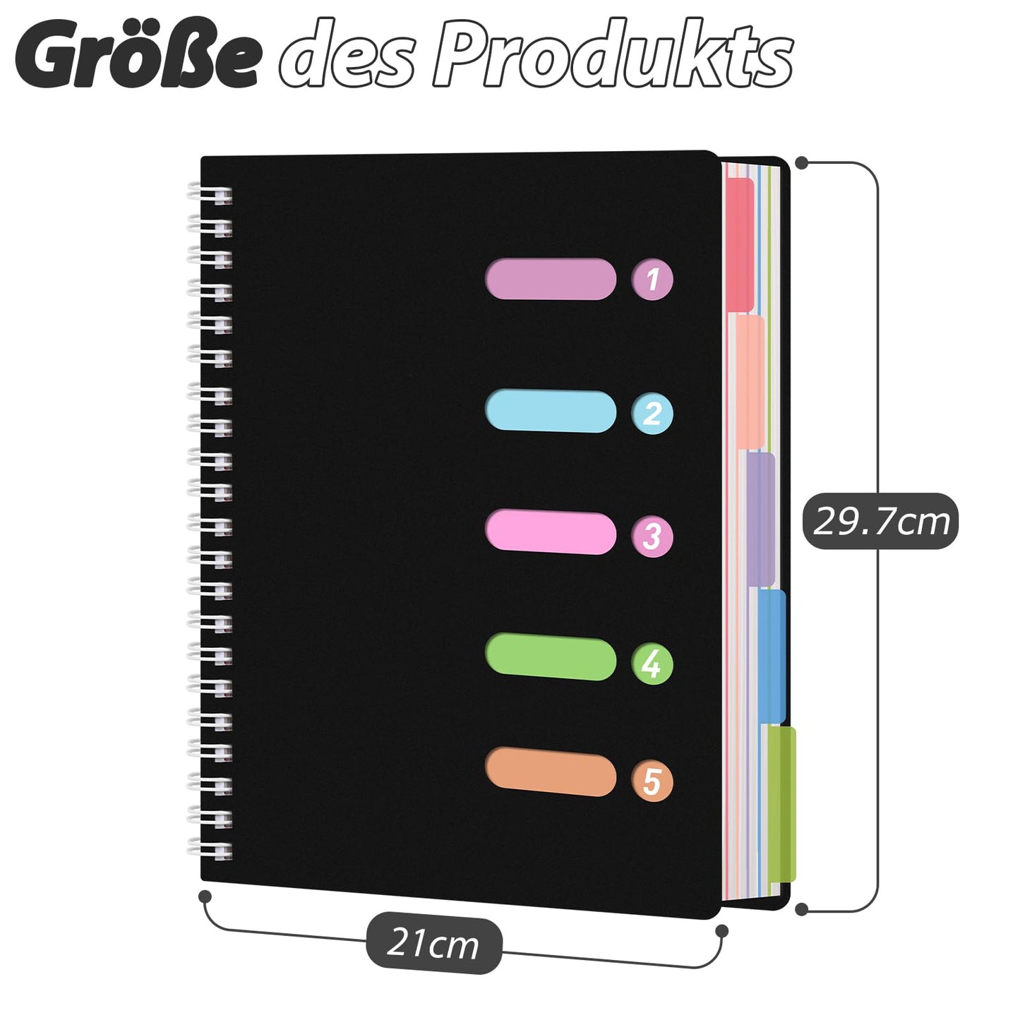 HAKACC Spiral Notebook, A4 Hardcover Spiral Pad 21 x 29.7 cm Notepad with Divider for Work School Writing Black