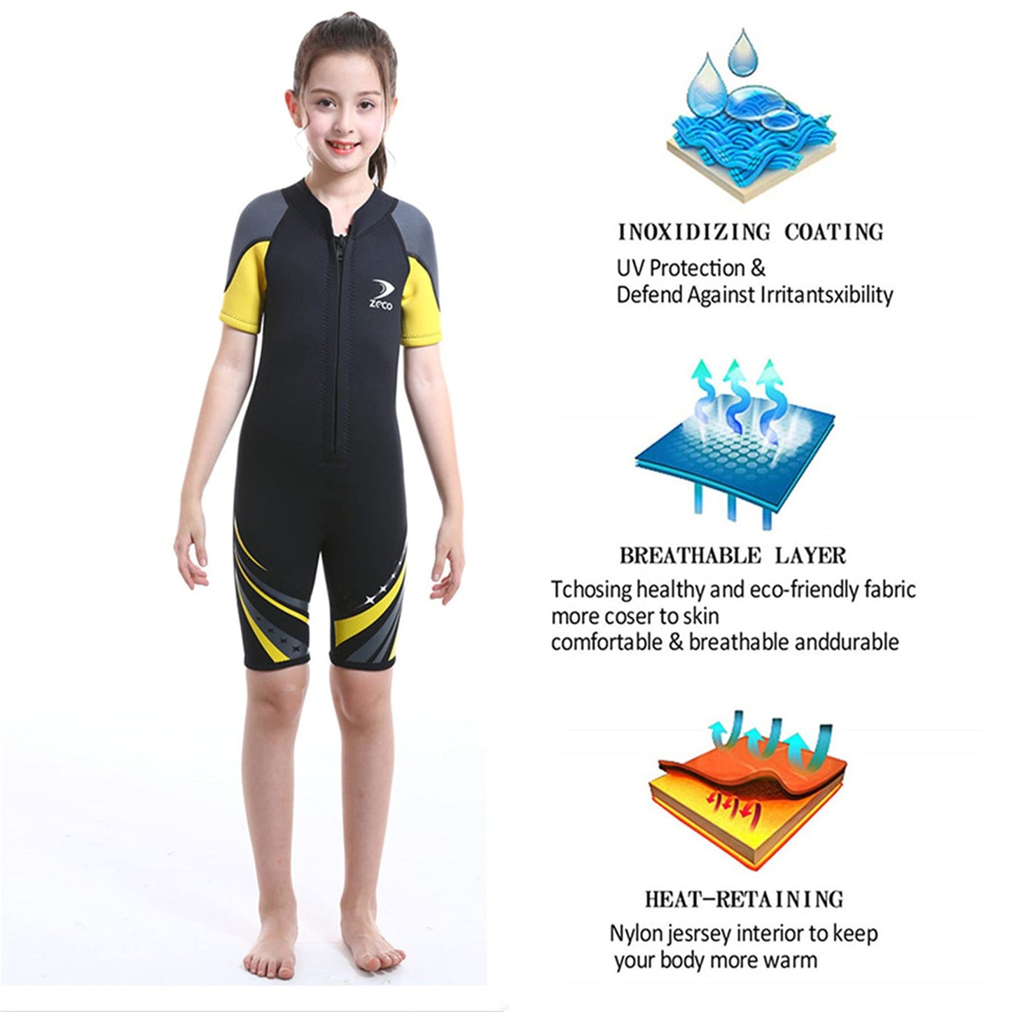 ZCCO Kids Neoprene Wetsuit, 2.5mm Neoprene Thermal Swimsuit, Neoprene Front Zipper Diving Suits for Surfing, Swimming, Diving, keeping warm for water sports, Black XS