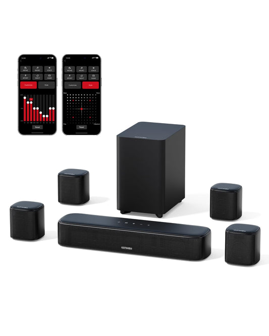 ULTIMEA 7.1ch Soundbar for TV devices, Surround Sound System for home cinema with app control, Soundbar with Subwoofer, 4 Surround Speakers, Sound system with adjustable EQ, Bluetooth 5.3, Aura A40