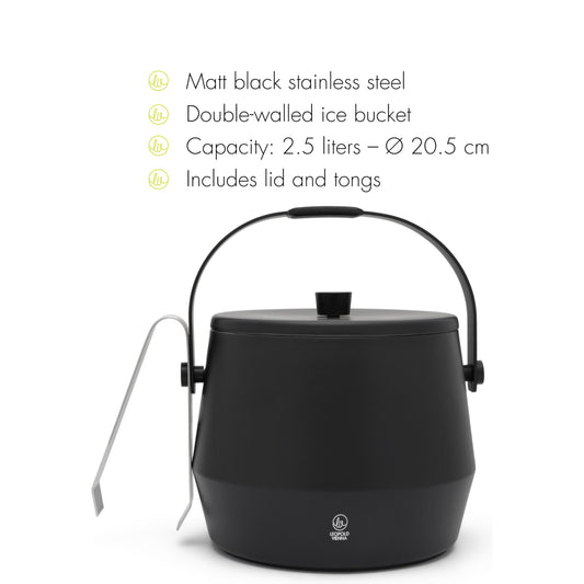 Leopold Vienna Small black double-walled ice bucket 1 liter with tongs - insulated bucket keeps ice cooler, 149x205x180mm, Black