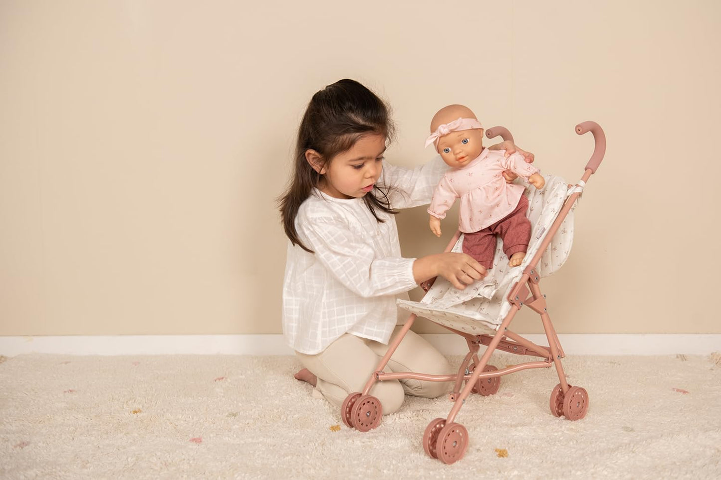 Little Dutch 4584 foldable metal doll buggy with soft handles and buggy bag - for dolls 33-46 cm, White Meadows/pink