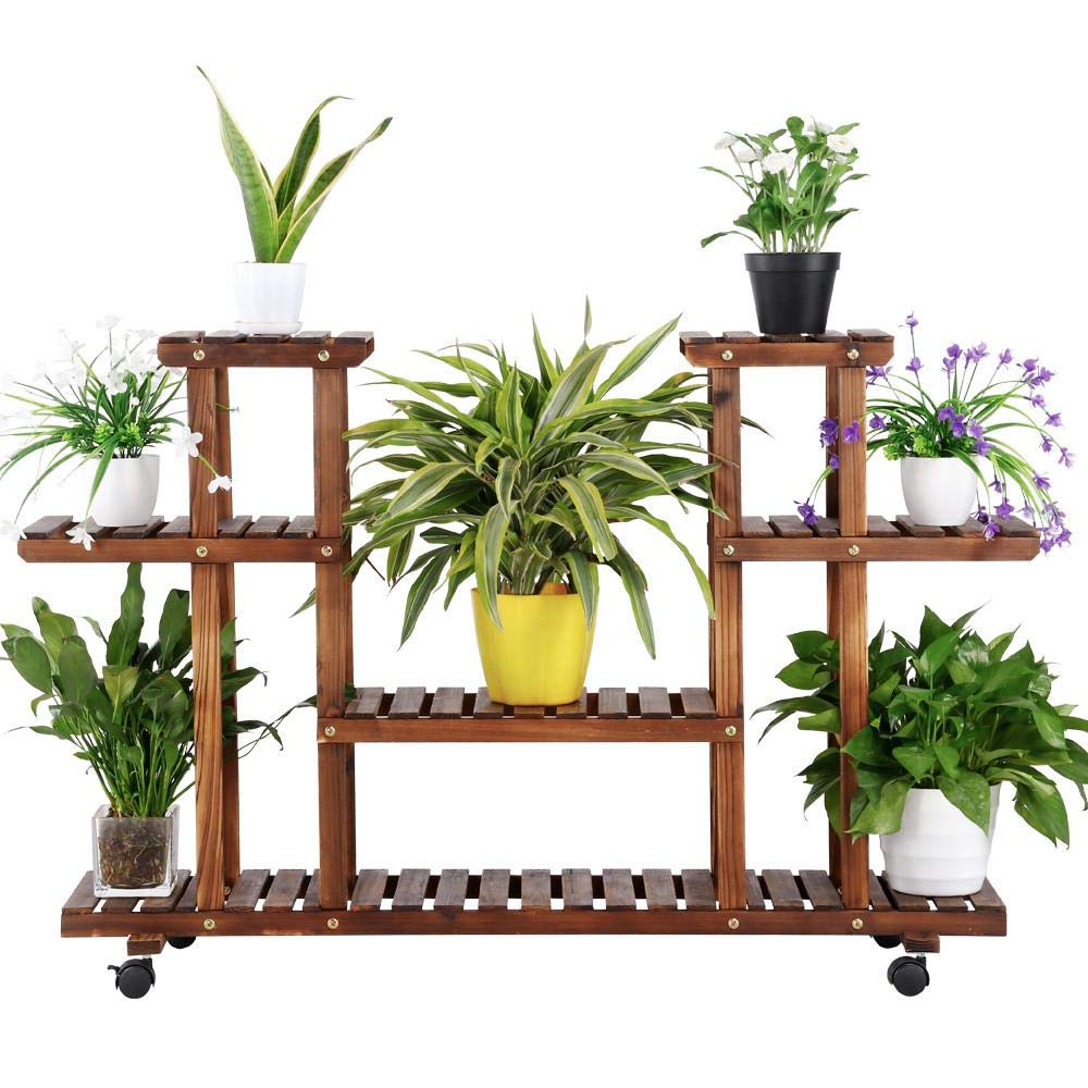 Yaheetech Plant Stand Wooden Multi Tiered Plant Shelf with Wheels Flower Rack Space Saving Balcony Indoor Decor 124 x 33 x 80cm