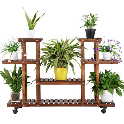 Yaheetech Plant Stand Wooden Multi Tiered Plant Shelf with Wheels Flower Rack Space Saving Balcony Indoor Decor 124 x 33 x 80cm