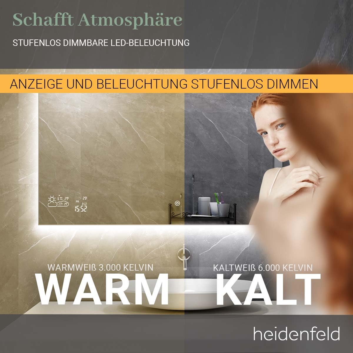 Heidenfeld Infrared Heater Mirror | HF-HS200 with touch panel - 10 level temperature control - 350 watts - 100 x 60 cm - WiFi bathroom mirror - infrared heating mirror - wall heater